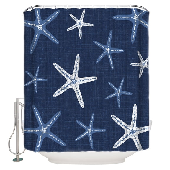 Vintage Navy Blue Starfish Bathroom Shower Curtains with 12 Hooks Polyester Waterproof Shower Curtain for Stalls and Bathtubs Summer Coastal Beach Marine Decorative Bathroom Curtain 66x72 Inches