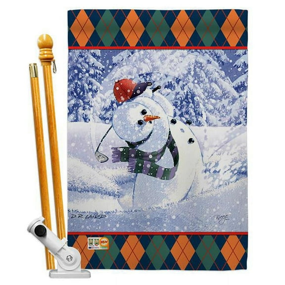 Breeze Decor BD-WT-HS-114119-IP-BO-D-US16-AL 28 x 40 in. Snowman Golf Winter Wonderland Impressions Decorative Vertical Double Sided House Flag Set with Pole Bracket Hardware