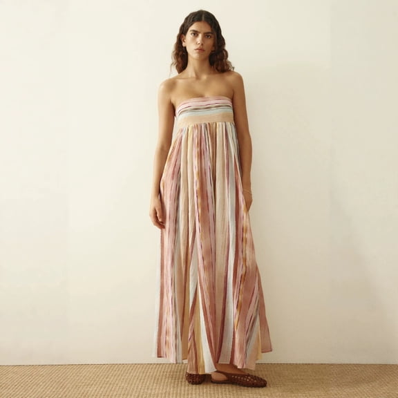 2026 New European and American Style Women's Watercolor Stripe Strapless Maxi Dress, Linen Blend Casual Summer Dress