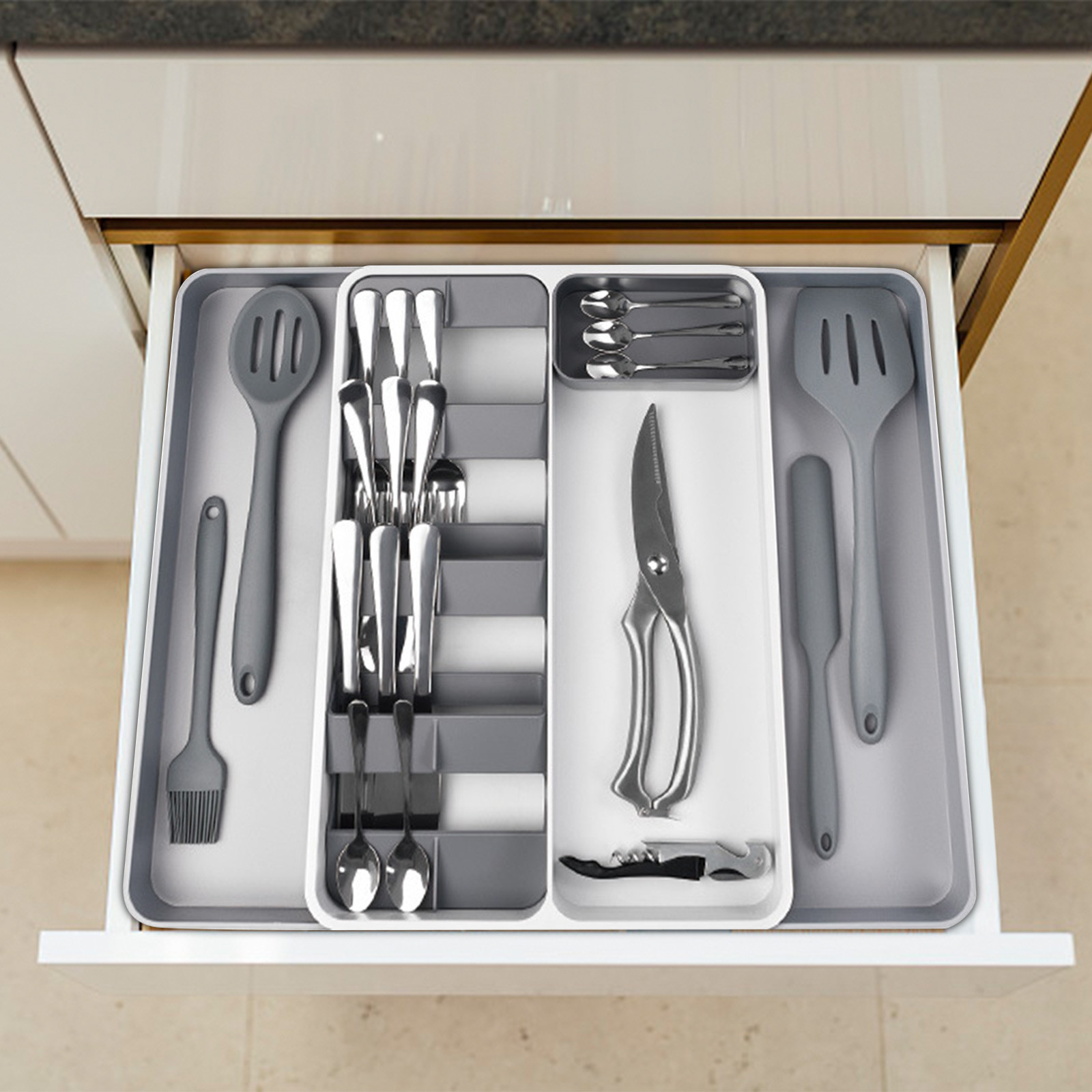 Expandable Silverware Drawer Organizer For Kitchen, Adjustable Cutlery Tray Storage For Fork Spoon Knife Utensils, Multi Purpose Drawer Organizer For Kitchen Desk Vanity Storage