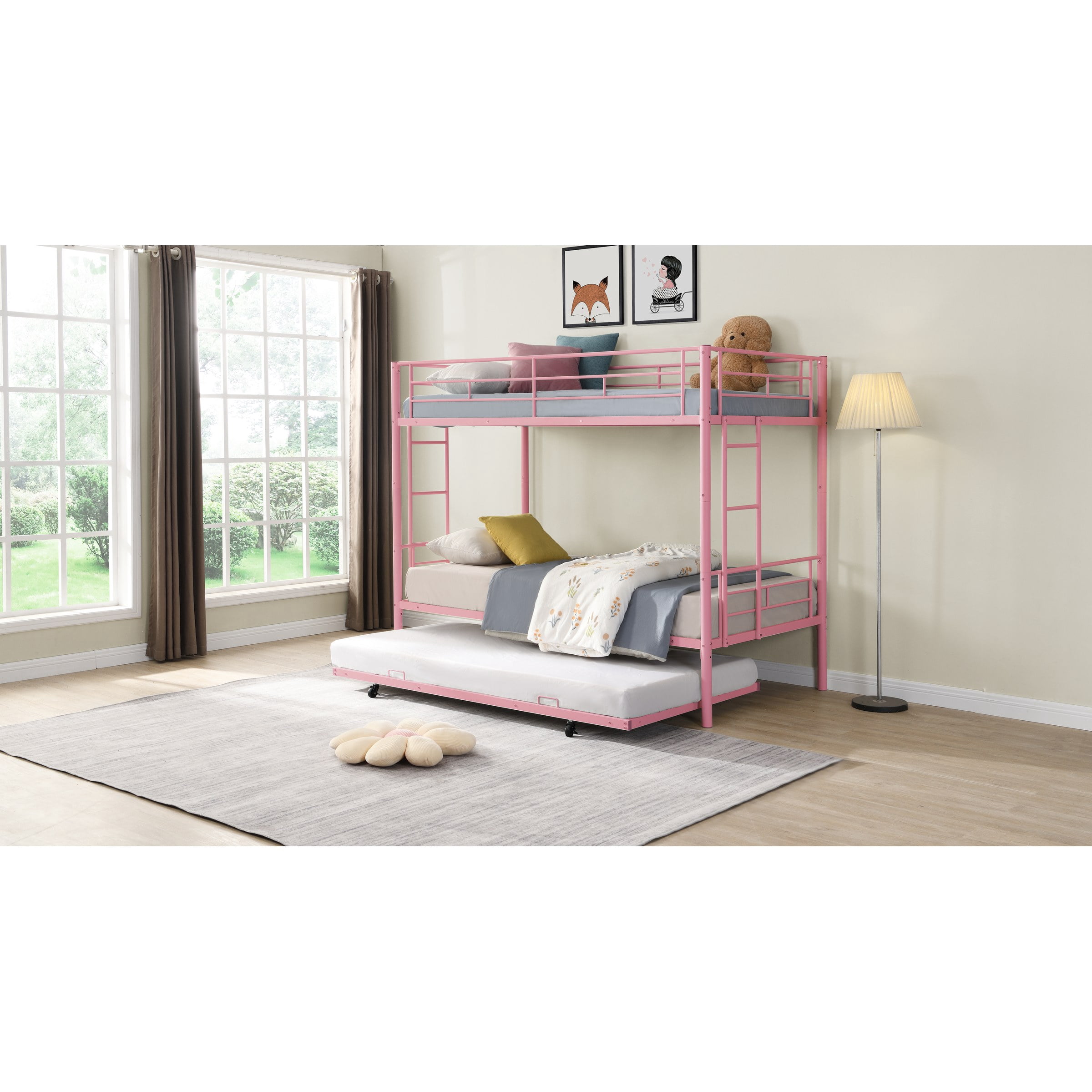 Metal Bunk Bed With Trundle Pink