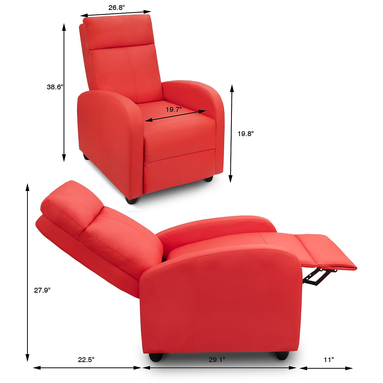 Vineego Home Theater Recliner with Padded Seat and Backrest, Red Faux Leather