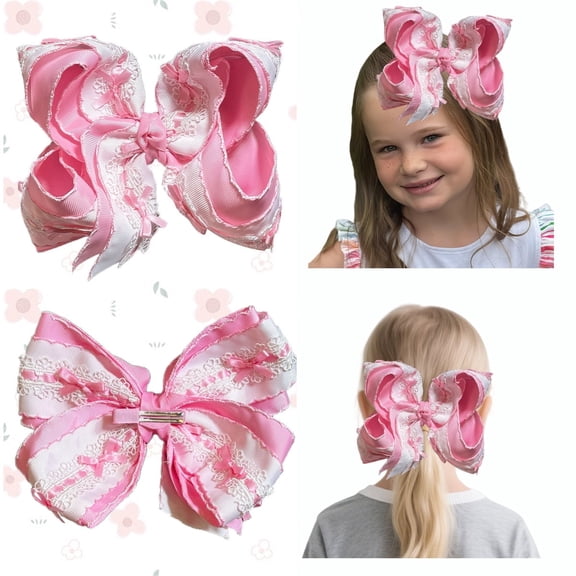 JoyBowie 1 pack 7.5 Inch Baby Pink Lace Layered Ribbon Hair Bows For Girls Toddlers