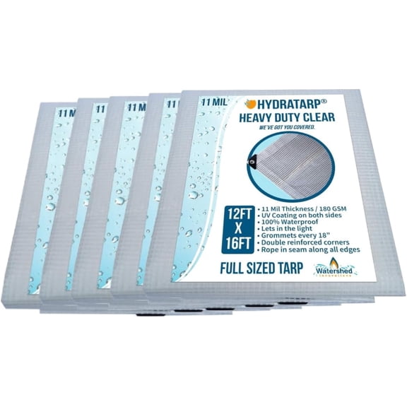 HydraTarp Clear 12ft x 16ft Bulk 5 Pack Bundle - 11 Mil Thick Greenhouse Tarps for Patios, Greenhouses, and More