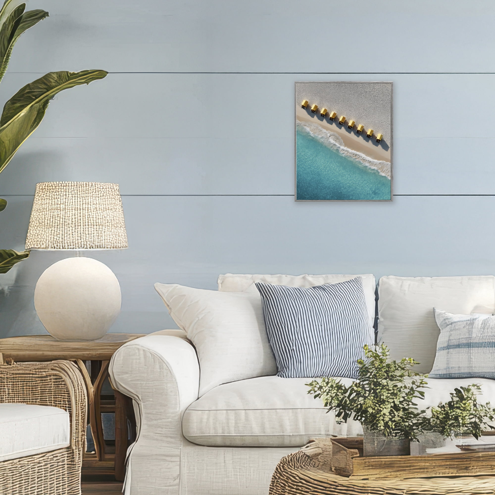 Stupell Industries Yellow Cabanas Along Shore Gray Framed Giclee Art, design by Franklyn Gregory