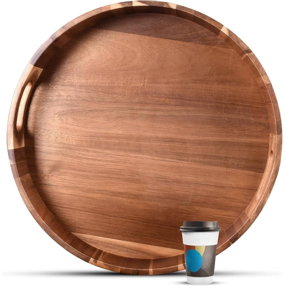 Heavy Duty Round Serving Decorative Tray w/Lovely Cloud Handles, 20" Extra Large Wood Decor Trays for Big Ottoman Coffee Table, Giant Table Centerpieces Decoration Organizer Huge Holiday Display Tray