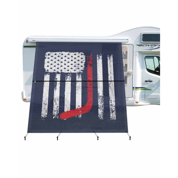 4th of July RV Awning Sun Shade Screen 9'X7' American Flag Mesh Sunscreen Red Blue Hockey Sports Awning Shade Screen with Zipper UV Blocker Completed Kits for RV Motorhome Camper Travel