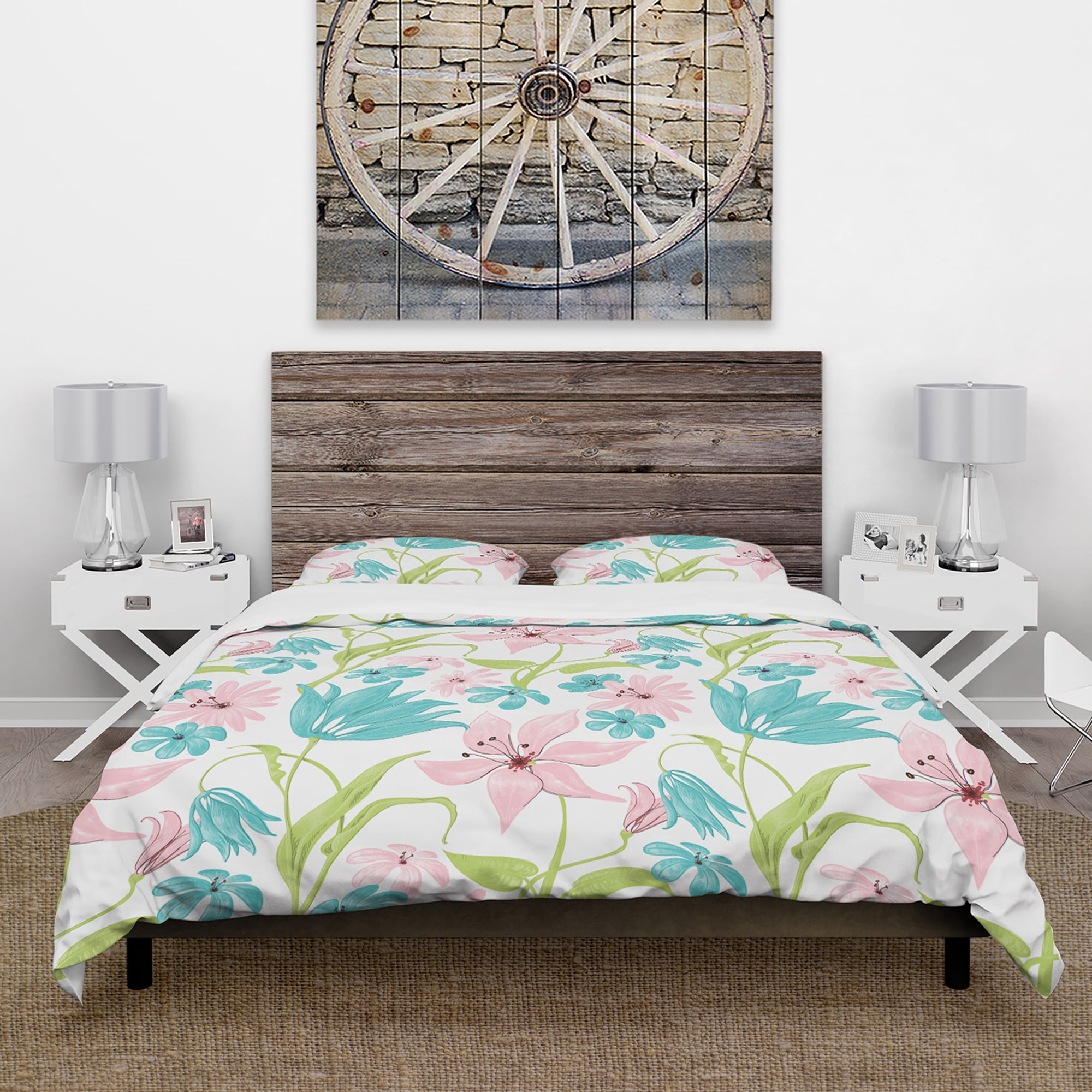 Designart 'Pink and Blue Flowers Drawing' Floral Duvet Cover Set