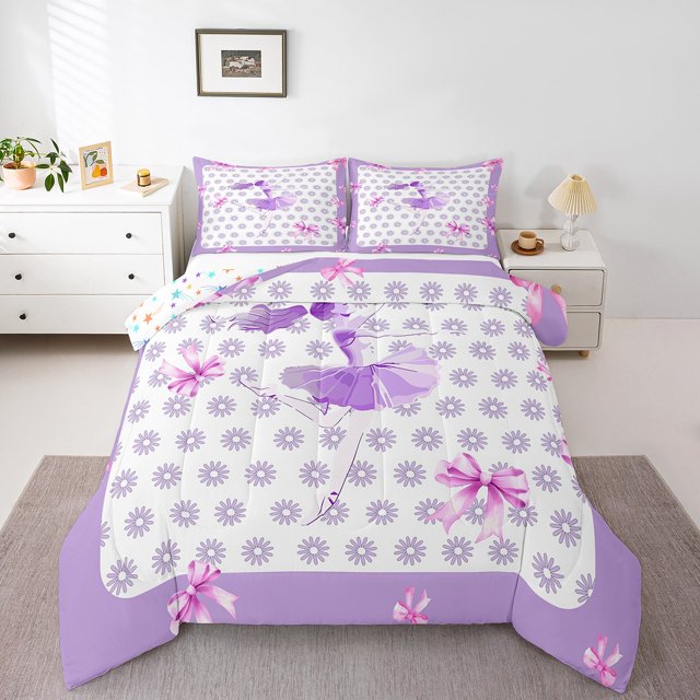 Erosebridal Ballet Princess Bedding King Comforter Set,Purple Bow Bedding Sets King with Comforter,Microfiber Reversible Comforter Sets King Size,Flower Decoration,3pcs