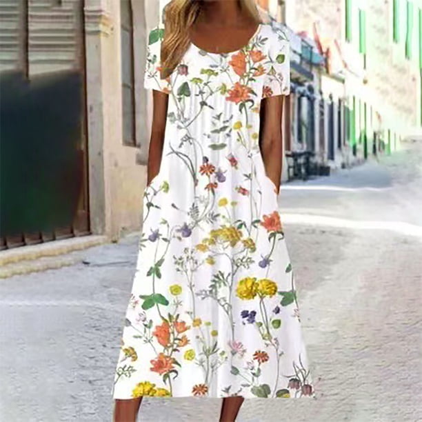 Puntoco Vestido De Bolsillo Estampado Con Cuello Redondo Y Manga Corta De Verano Para Mujer Blanco Xxxl,Regalos Para Mujer Joven