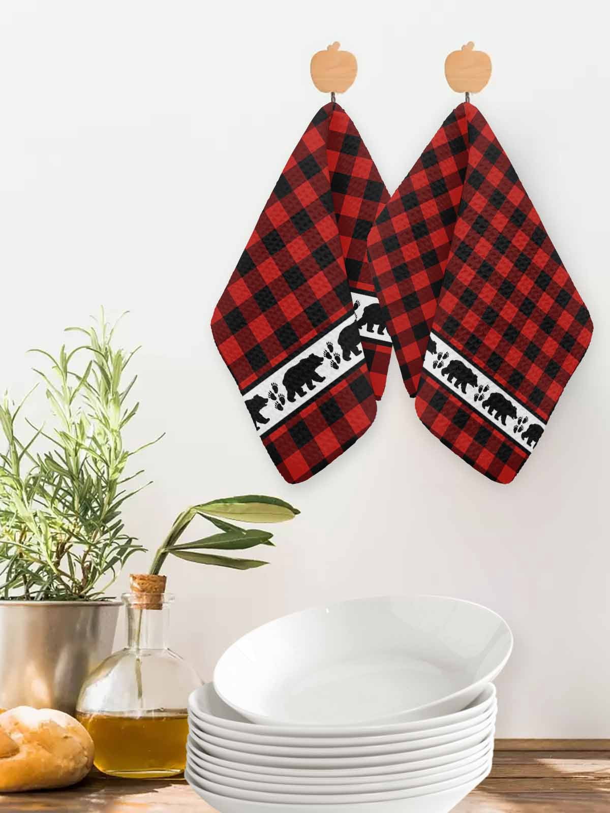 Red Black Plaid Kitchen Dish Towels for Drying Dishes Set of 4, Country Vintage Bear Buffalo Gingham Waffle Weave Microfiber Hand Tea Bathroom Towels Quick Dry & Absorbent Towel 12x12