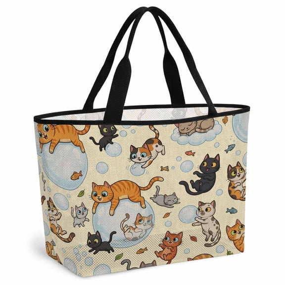 Rustic Cat Beach Bag for Women, Large Breathable Mesh Beach Tote Bag, Funny Cute Fish Leaves Bubble Sandproof Lightweight Travel Bags for Vacation Picnic Swimming Pool 15.7"x15.7"x9.1"