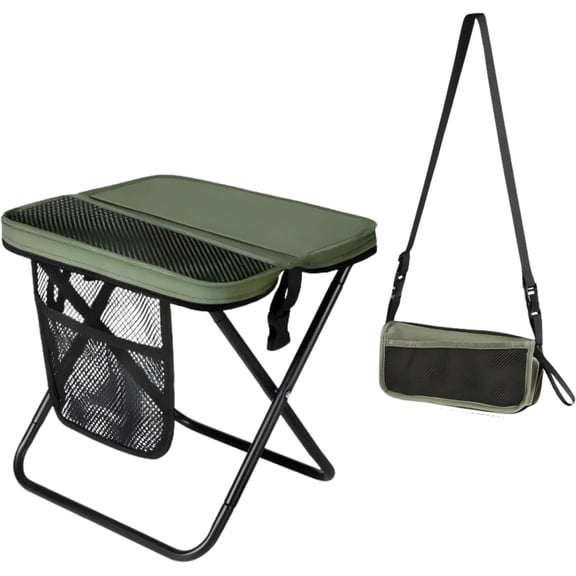 Portable Folding Stool – 16" Tall Collapsible Backpack Stool with Storage Pouch, Hands-Free Carry & Supports 300 lbs, Ultralight for Hiking, Fishing, Camping, Festivals
