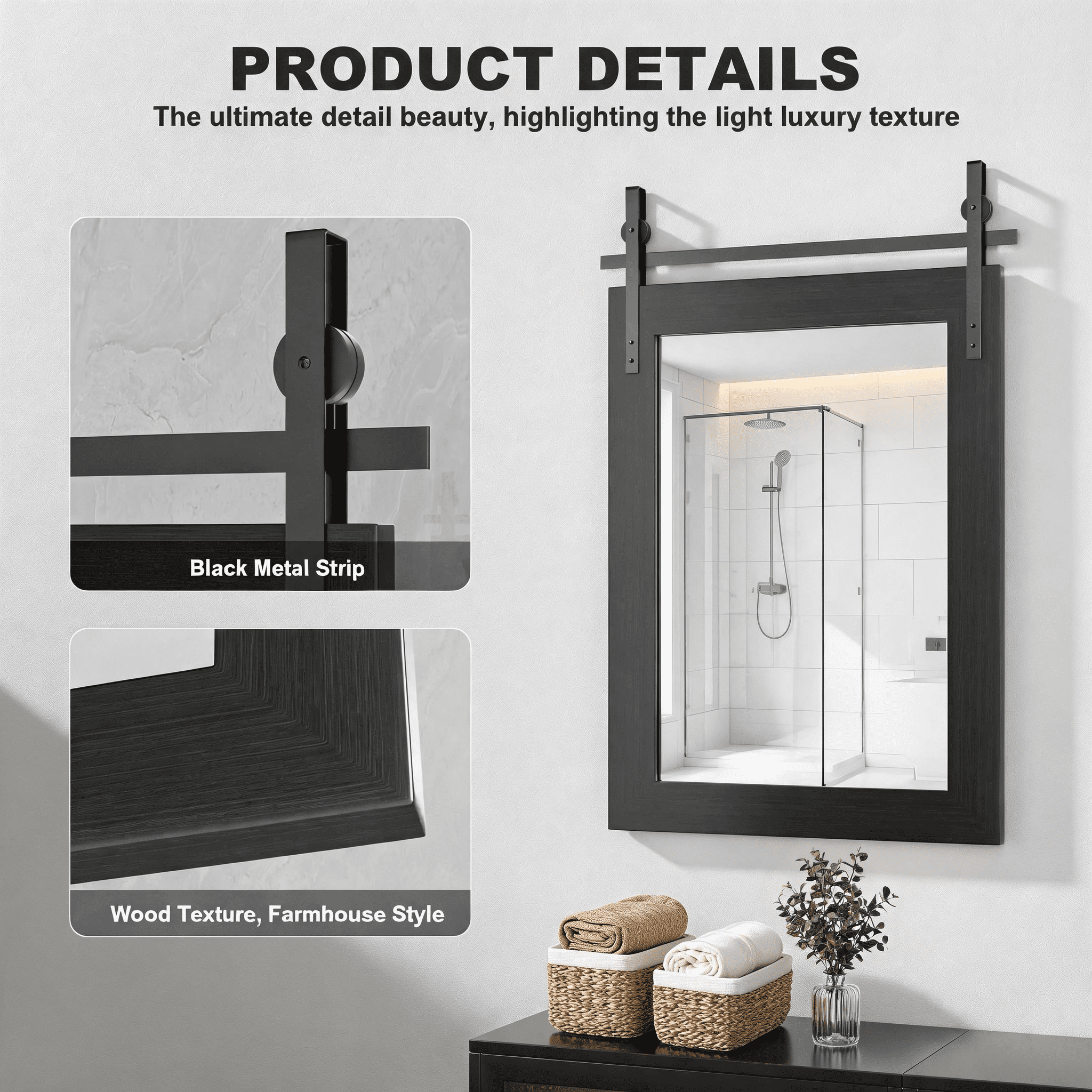31x31-Inch Farmhouse Bathroom Mirror with Faux Wood Grain Frame, Rustic Wall Mounted Vanity Mirror and Decorative Mirror for Bathroom, Black