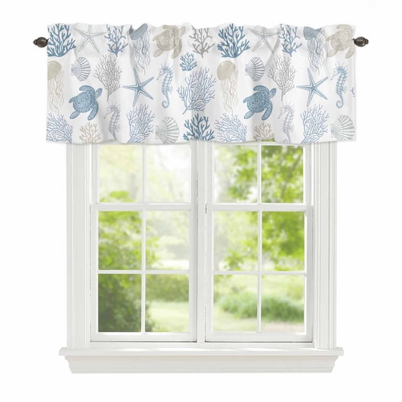 Valance Curtains for Windows Coastal Nautical Coral Kitchen Curtians Window Treatment Starfish Seashells Topper Curtain Rod Pocket Valances for Kitchen Bathroom Living Room 42x12in