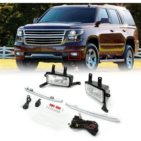 Clear Fog Lights Bumper Lamps Front W/Chrome Lip, Switch & Wiring Kit Compatible With Chevy Chevrolet 2015 16 17 18 19 2020 Tahoe Suburban, Replace For GM2593160 GM259216 GM2592311 GM2593311 - Pair