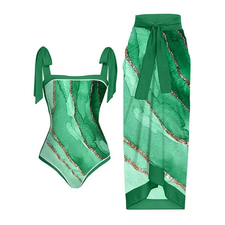 Bikini One Piece Bathing Suit for Women Women 2 Pieces Beach Swimsuit Set with Cover up Wrap Skirt Bathing Suits Tropical Printed Halter Bikini Swimsuit