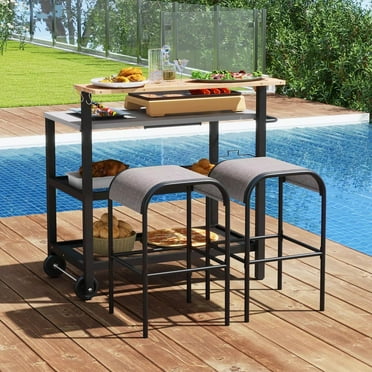 Auranook Rolling Dining Cart Table, Kitchen Shelf on Wheels w/Flip Top, Sturdy Metal Frame, Trash Bag Holder, Movable Hooks, Side Handle, Outdoor Patio Grill Table