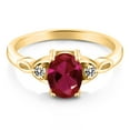 thumbnail image 2 of Gem Stone King 18K Yellow Gold Plated Silver Red Created Ruby and White Diamond 3-Stone Rings for Women (1.57 Cttw, Gemstone July Birthstone, Oval 8X6MM, Available in Size 5, 6, 7, 8, 9), 2 of 4