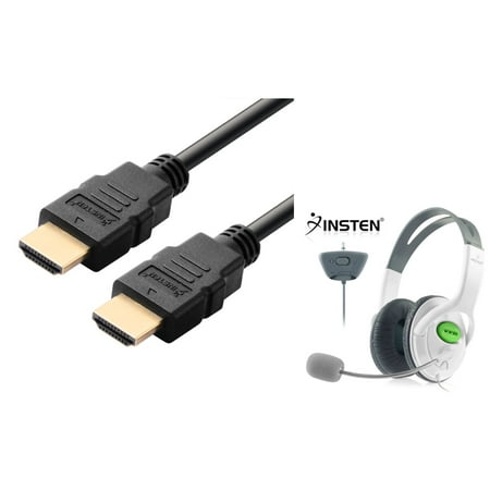 6' HDMI Cable by Insten + Gaming Headset Headphone Microphone For Xbox 360 / Xbox 360 Slim (2-in-1 Accessory Bundle)
