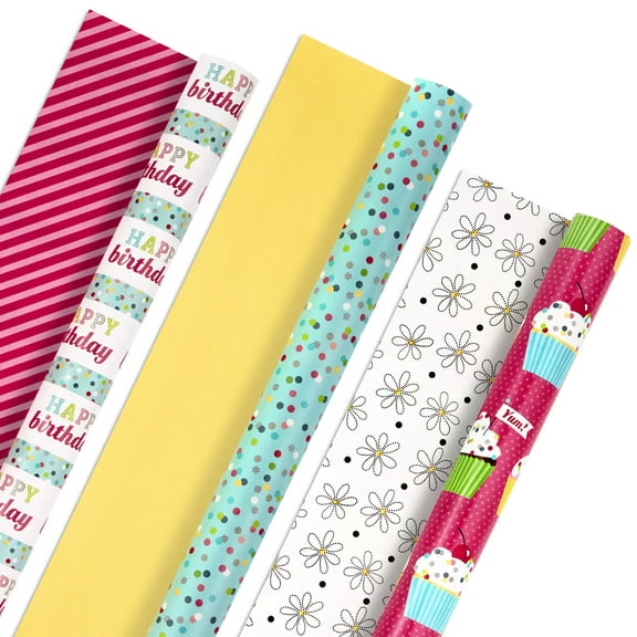 Hallmark All Occasion Reversible Wrapping Paper Bundle - Happy Birthday (3 Rolls - 75 sq. ft. ttl) Cupcakes, Stripes, Flowers, Polka Dots