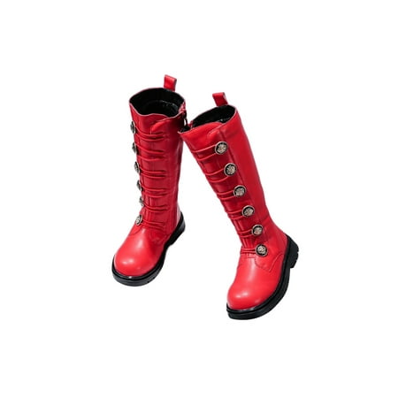 

Woobling Girls Casual Riding Boot Waterproof Knee High Boots Hiking Round Toe Leather Tall Boot Red (Plush Lining) 1Y