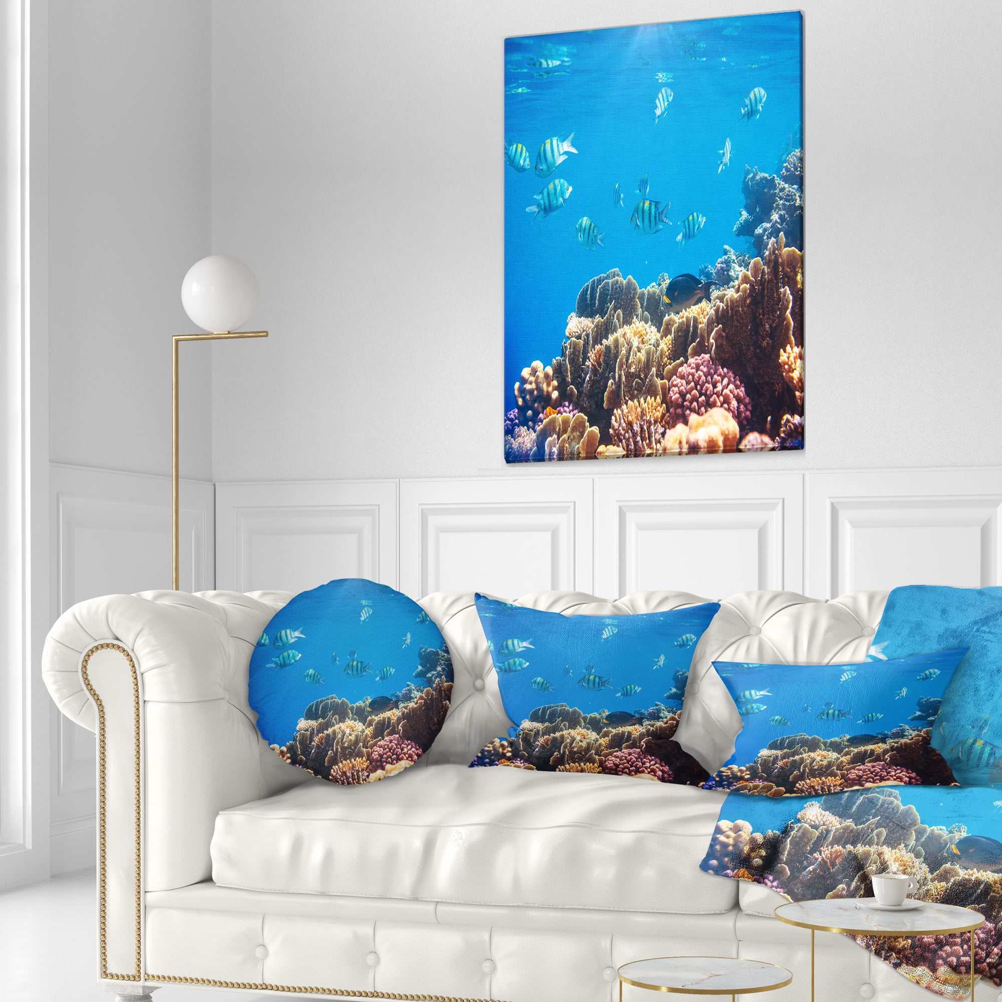 Designart Bright Blue Waters and Coral Fish - Seashore Throw Pillow - 12x20