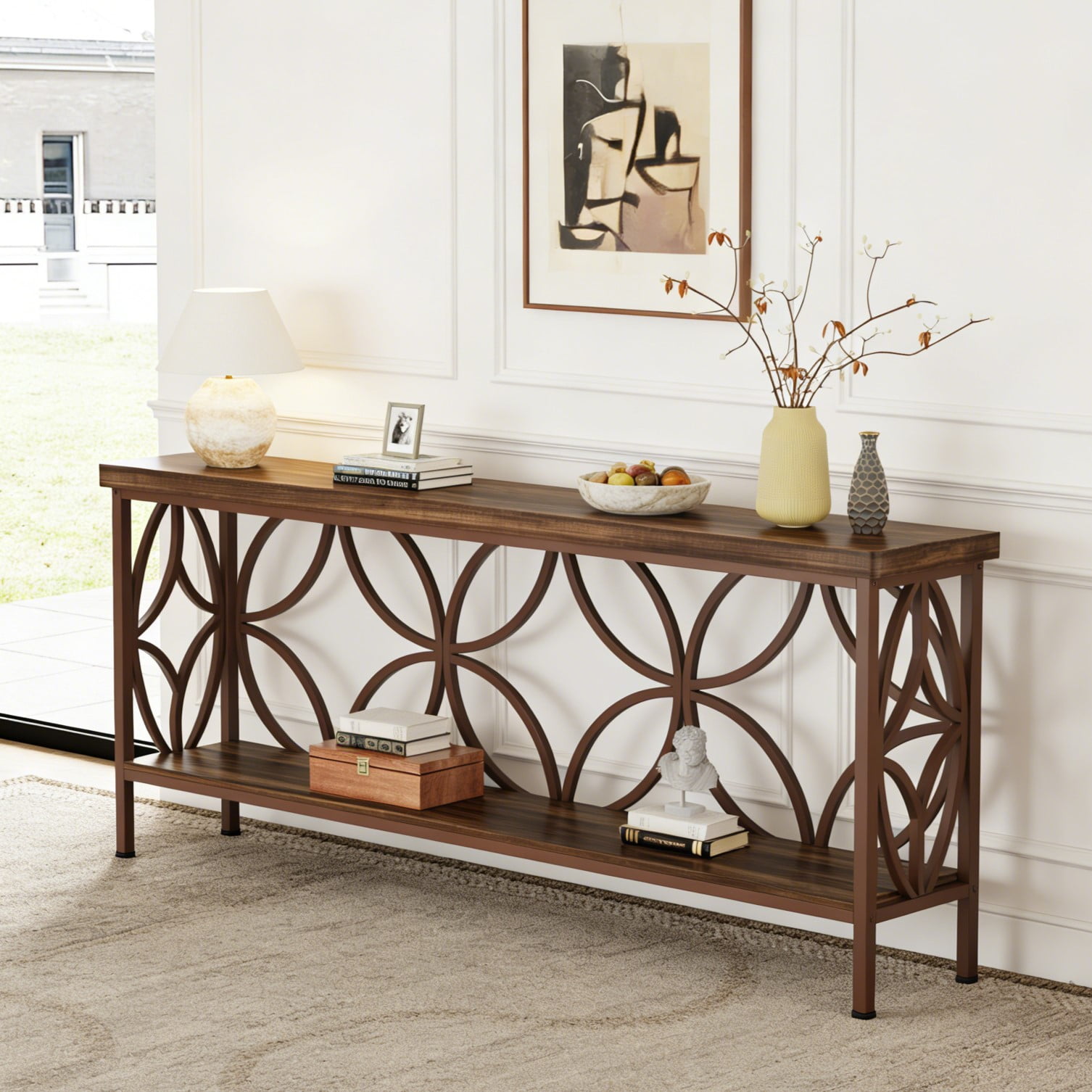 Fnova 70.9" Industrial Console Table, 2-Tier Wood Storage Narrow Sofa Table, Behind Couch with Metal Frame, for Living Room, Entryway, Foyer, Easy Assembly