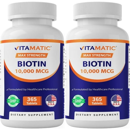 Vitamatic Biotin 10,000 mcg for Stronger Hair, Skin & Nails - 365 Vegan Tablets- Also Called Vitamin B7 - 2 Pack