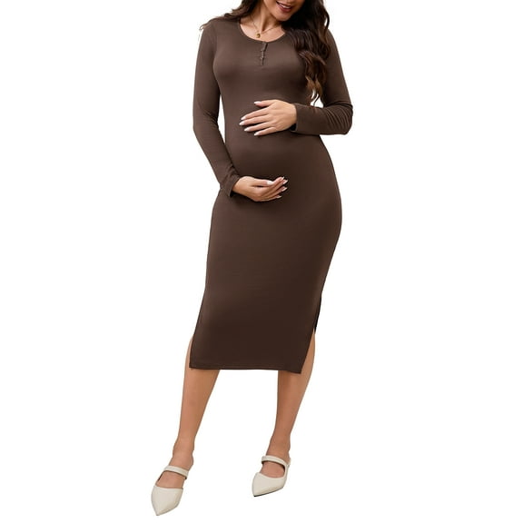 INSPIRE CHIC Womens Split Maternity Dress Long Sleeve Henley Collar Button Bodycon Ribbed Knit Pregnancy Photoshoot S Brown