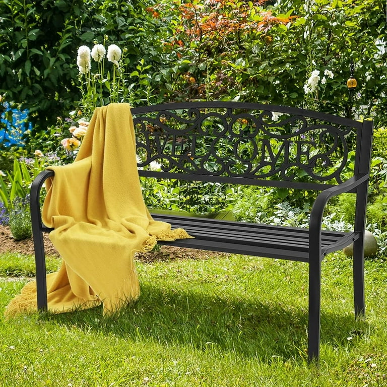 Tangkula Outdoor Steel Garden Bench Park Bench 50 Inch Patio Welcome Bench with Slated Seat Floral Design Backrest Outdoor Bench with Iron Casted Pattern Suitable for Patio Backyard Garden Park