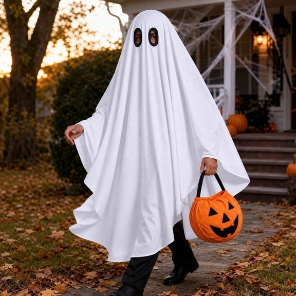 Sahpxhe Halloween Ghost Costume, Adult Spooky Ghost Cloak Cape Dress Up for Halloween Indoor Living Room Yard Party Decor White