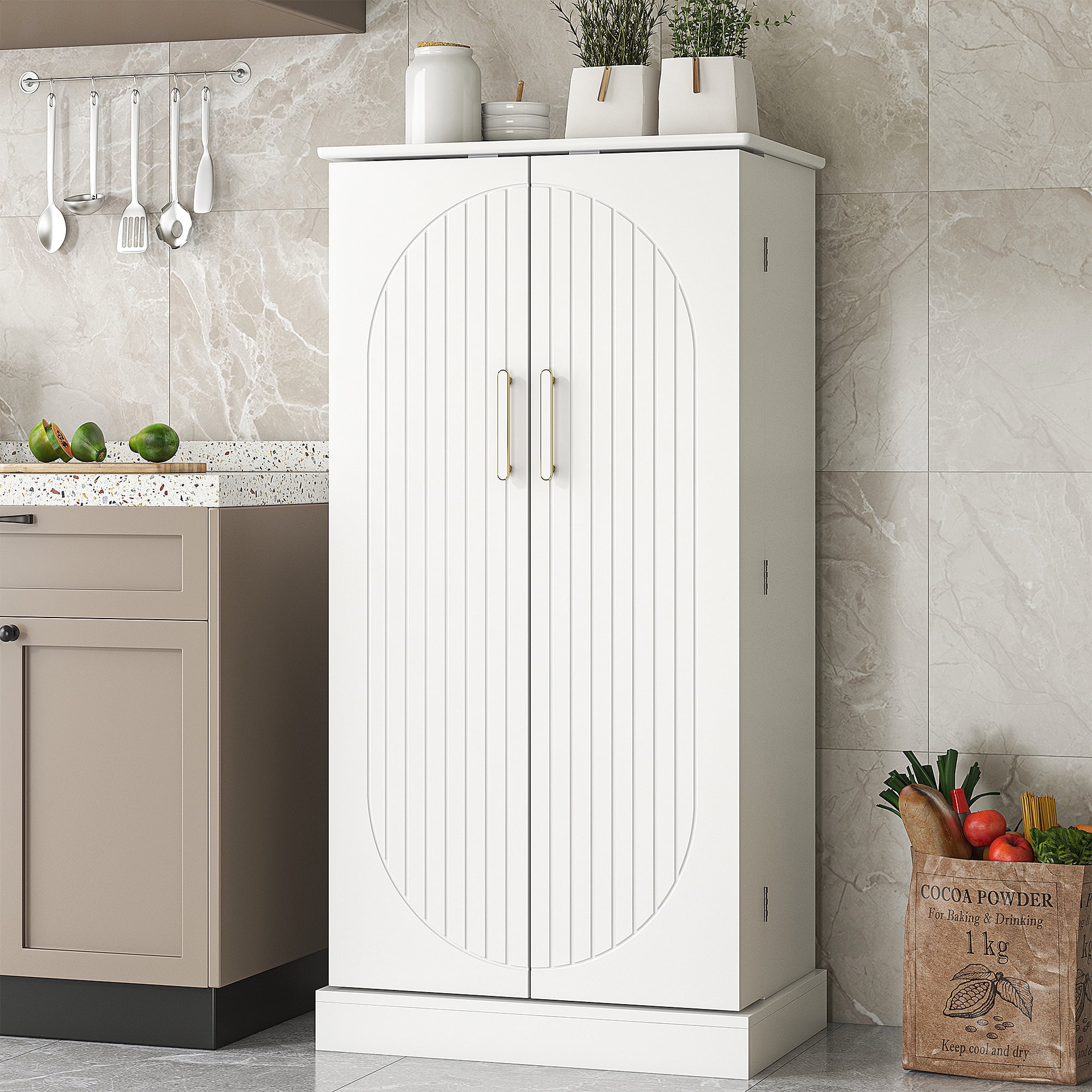 Casendy Pantry Cabinet with 2 Doors and 16 Shelves, Modern Kitchen Storage Cabinet with Adjustable Shelves, Kitchen Storage Cupboard for Dining Room, Living Room, White