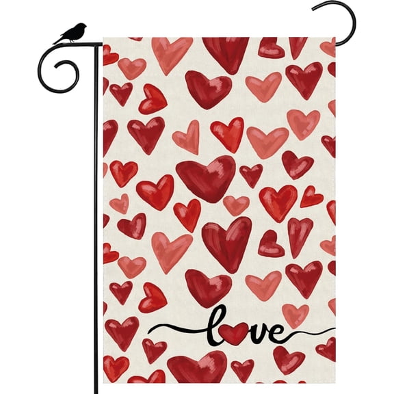 Valentine’s Day Garden Yard Flag 12x18 Inch Double Sided Watercolor Red Love Hearts Outdoor Decoration