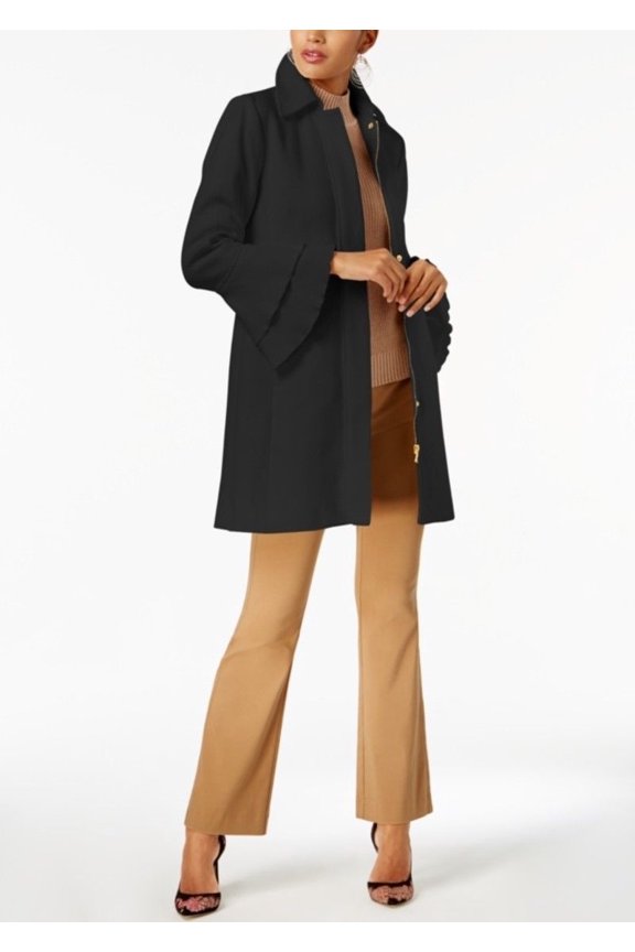 Black Ruffled-Sleeve Cotton Pea Coat XL