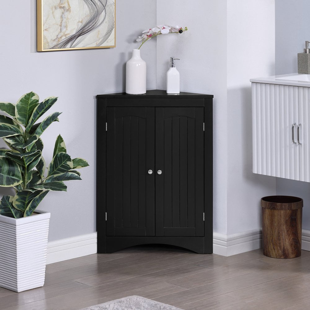 Hassch Corner Bathroom Storage Cabinet, Triangle Freestanding Floor Storage Cabinet with Adjustable Shelves and 2 Doors for Bathroom, Kitchen, Living Room or Bedroom (Espresso)