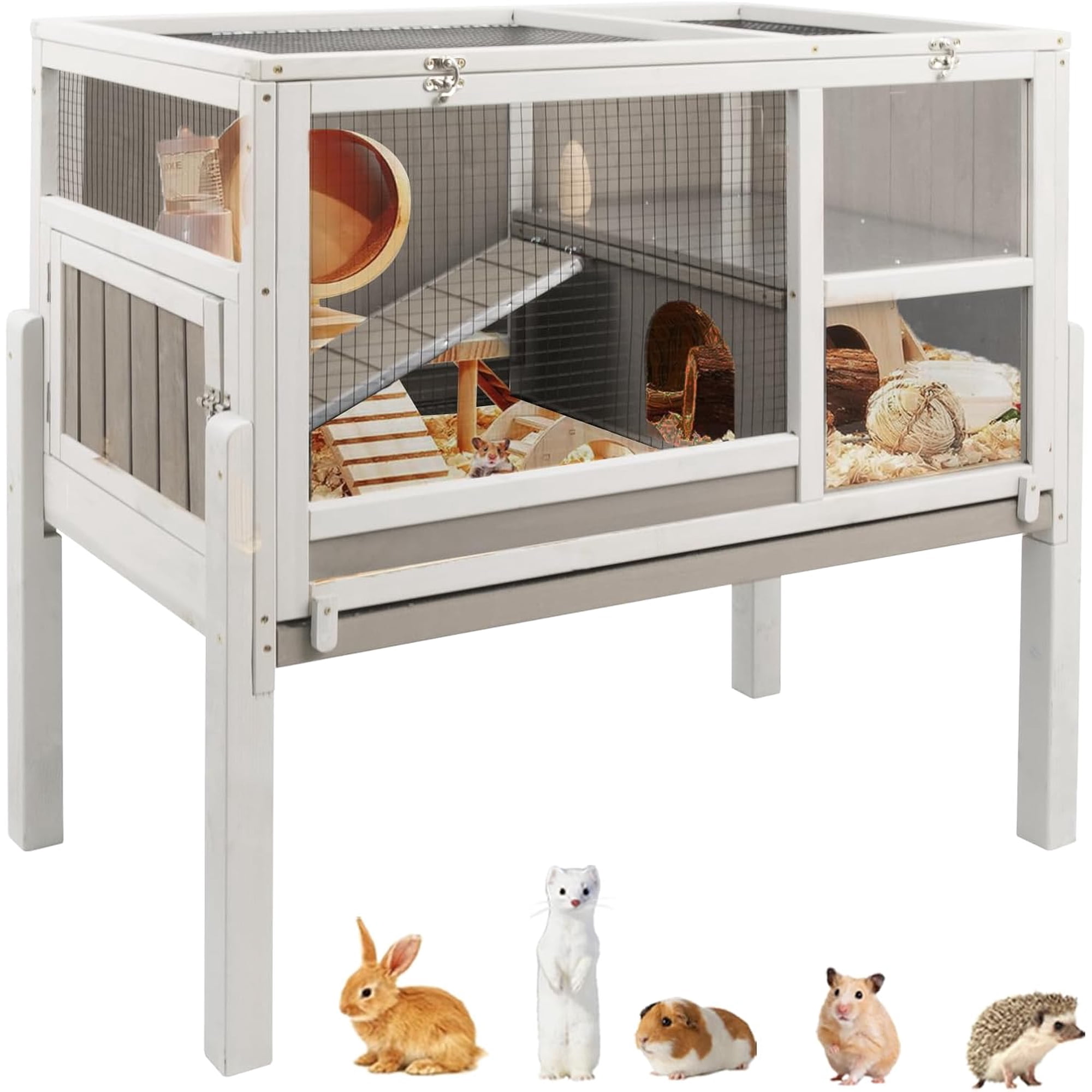 LEHOME Guinea Pig Cages Indoor, Wooden Guinea Pig Cages with Stand, Rabbit Cage Hutch with Ramp and Hideout, Small Animals Cage Habitat with Not Leakage Pull Out Tray