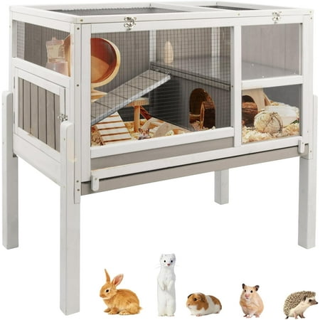Guinea Pig Cages Indoor, Wooden Guinea Pig Cages with Stand, Rabbit Cage Hutch with Ramp and Hideout, Small Animals Cage Habitat with Not Leakage Pull Out Tray