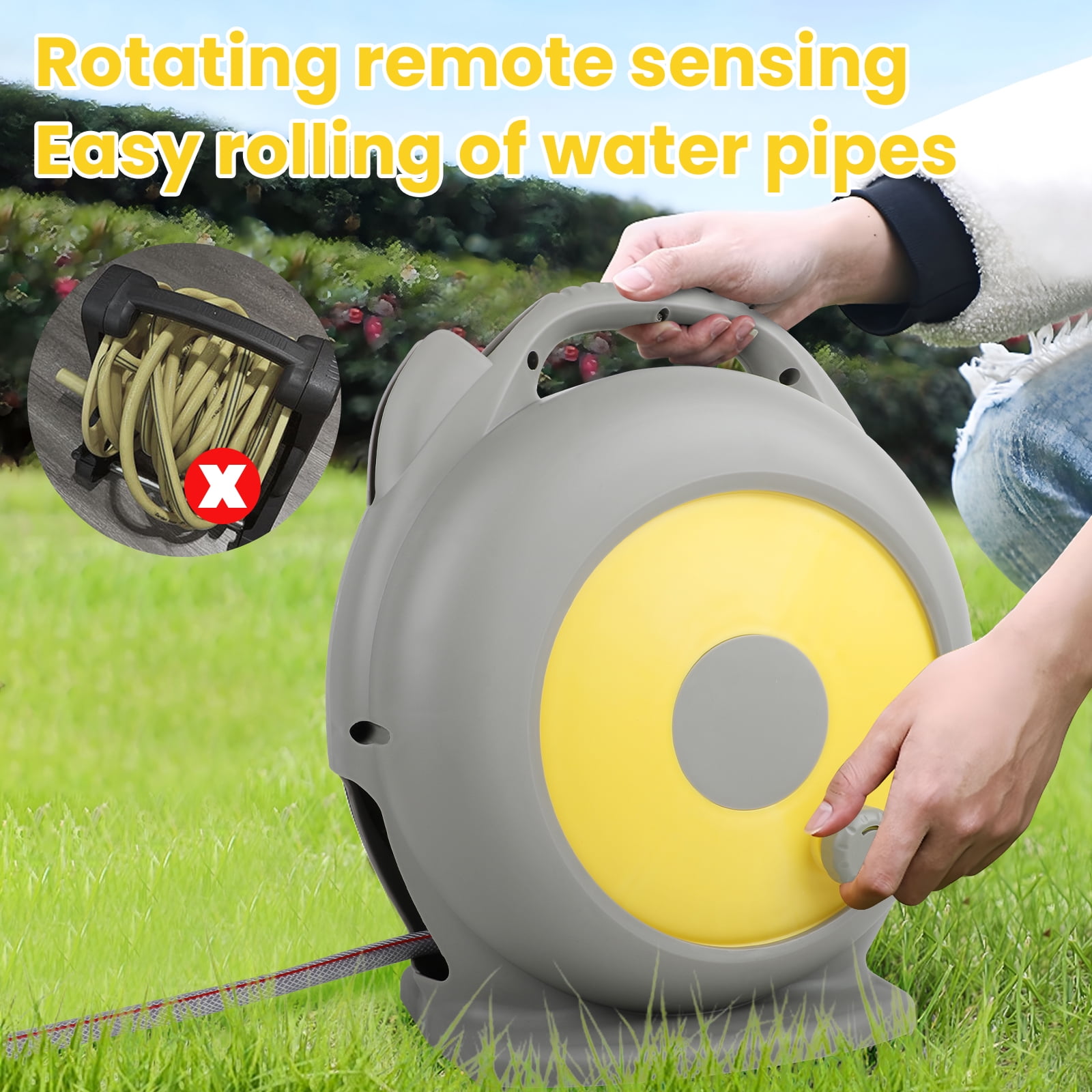 Retractable Garden Hose Reel 66 ft Upgraded Resistant Heavy Duty Hose Reel 3/4 in Brass Fitting 10 Pattern Nozzle Any Length Lock Slow Retraction
