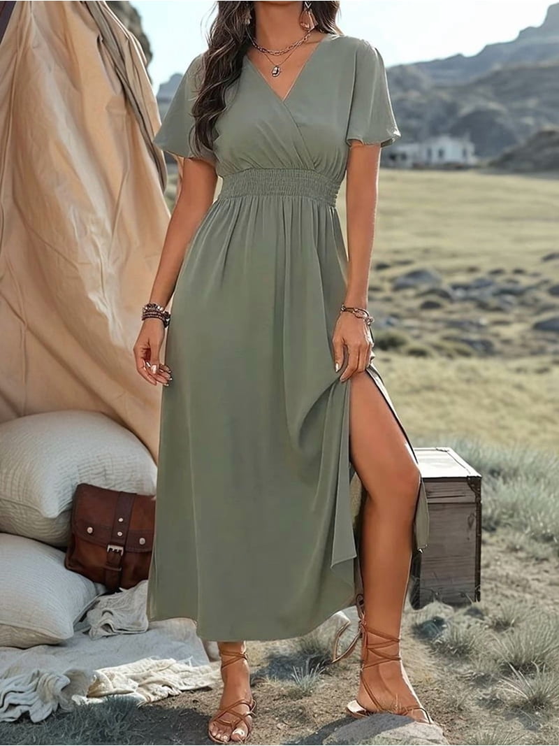 olive green summer maxi dress Women'S V Neck Casual Vacation Short Sleeve Dress Beach Boho Chic Day Gown XL mustard