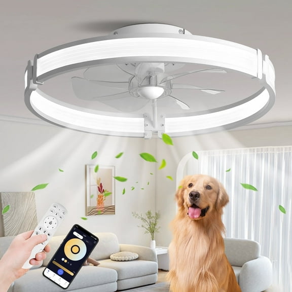 BAYSQUIRREL Ceiling Fans with Lights and Remote, Low Profile Ceiling Fan, 3000-6000K Dimmable Bladeless Fan Light, 3 Colors 6 Speeds Reversible, Modern Flush Mount Ceiling Fan for Bedroom