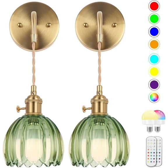 Vintage Wall Sconce, Battery Operated Wall Sconce with Deep Green Tulip Glass Lampshade, Indoor not Hardwired Wall Sconces with Remote, Rechargeable Vintage Wall Lamp, for Bedroom Living Room