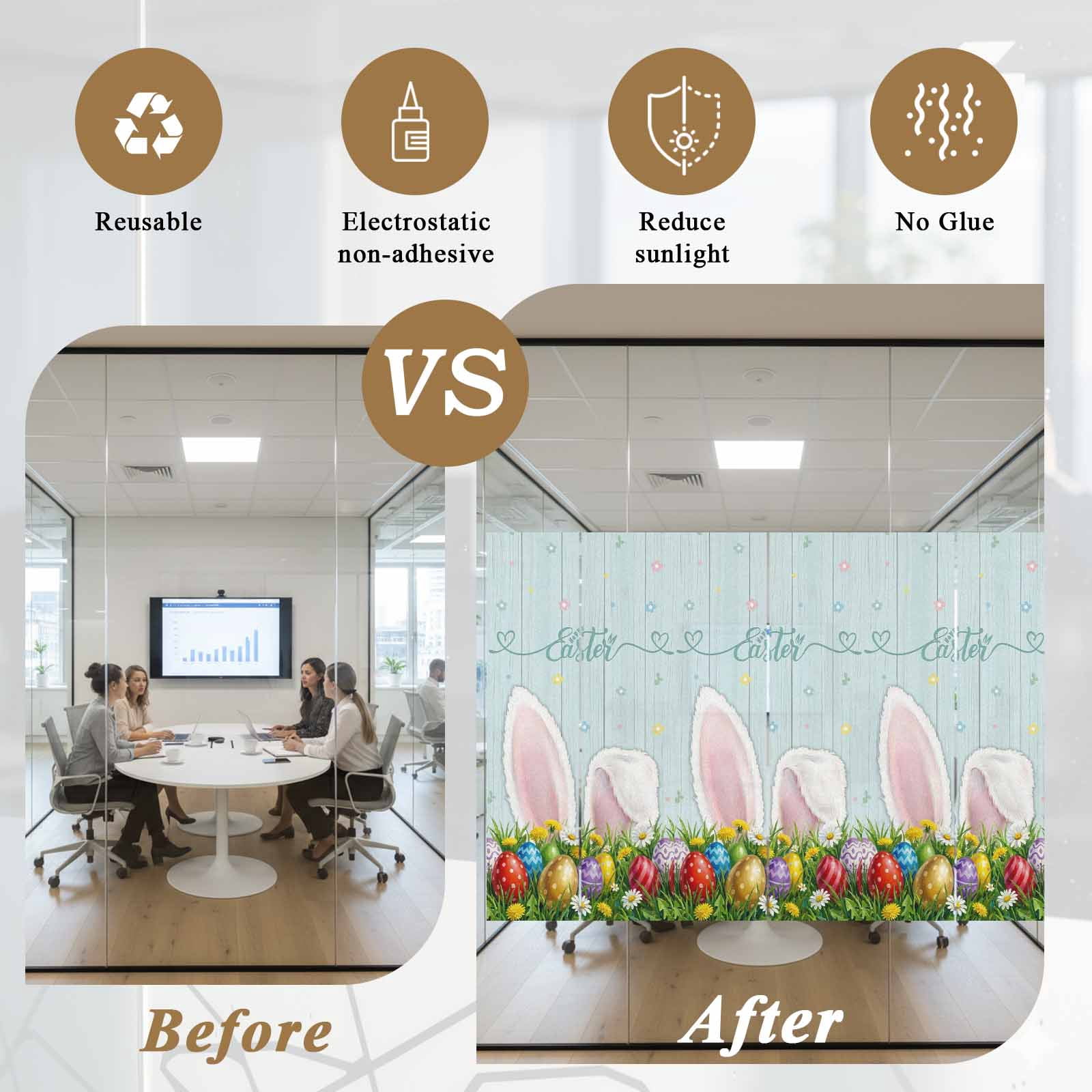 Easter Bunny Window Privacy Film, Watercolor Rabbit Colored Eggs Spring Country Leaf Wood Grain Frosted Glass Window Clings Static Cling UV Heat Blocking Reusable Sticker for Bedroom 23.6x59 Inch