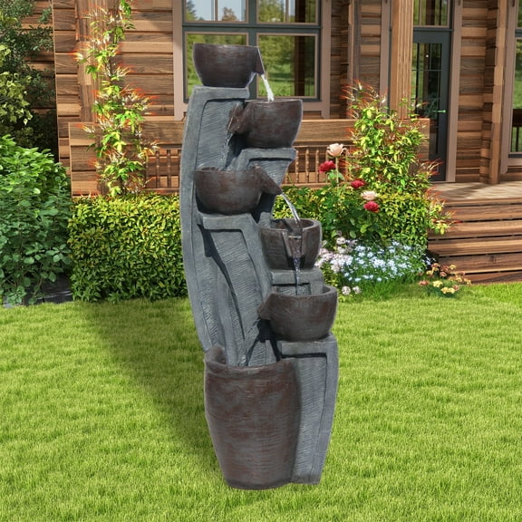 6-Tier Cascading Outdoor Water Garden Fountain 49.61''H Modern Floor-Standing Indoor Waterfall Fountains Bowl and Jar Water Feature with LED Lights for Office Home Art Decor Deck Yard Patio Porch