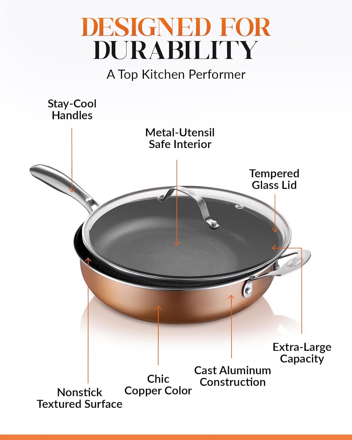 Gotham Steel 5.5 Qt Saute Pan with Lid, Diamond Reinforced Ceramic Nonstick Deep Frying Pan, Large Jumbo Cooker Frying Skillet with Stay Cool Handles, Oven & Dishwasher Safe, Brown