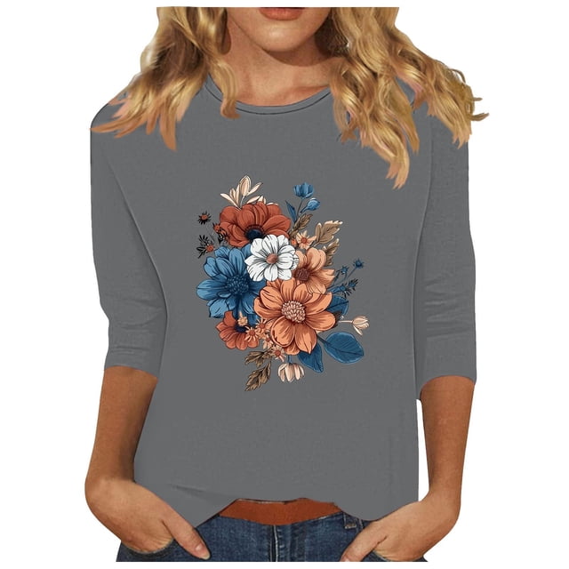 Tnhcen Chemises à Manches 3/4 Col Rond Imprimé Floral Automne pour Femmes - Basiques Décontractés Grande Taille P-3TG