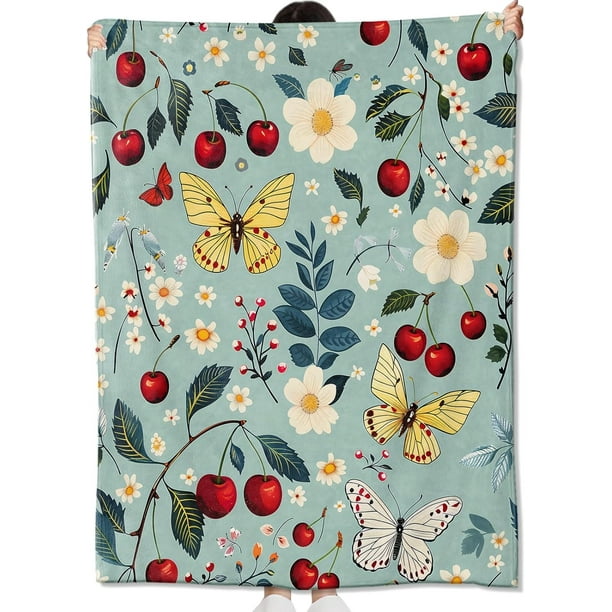 Manta de flores de mariposa y cerezas, regalo para niños, adultos y mujeres, mantas de primavera y verano, suaves, cómodas y ligeras para habitación, sofá, cama, decoración moderna y caprichosa,