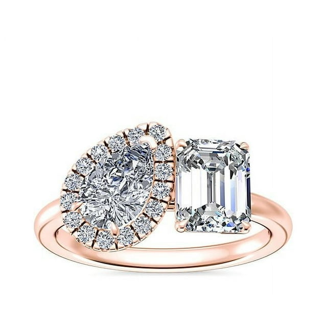 1.10 Carat Excellent Emerald & Pear Cut Real Diamond New Design Two Stone Ring for Wedding Solid 18K Rose Gold Size 11