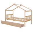 thumbnail image 3 of Twin Size House Bed with 2 Drawers, Wooden House Platform Bed with Headboard and Footboard, Daybed Playhouse Tent Bed with for Teens Boys Girls, No Box Spring Required, Natural, 3 of 7