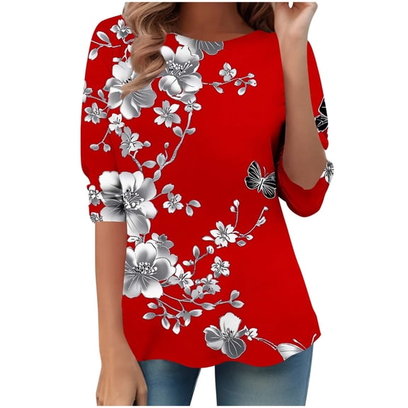 Jsaierl Tops for Women 3/4 Sleeve Summer Round Neck Shirts Trendy Graphic Petite Blouses Going Out Loose Fit Tunic Top S-5XL